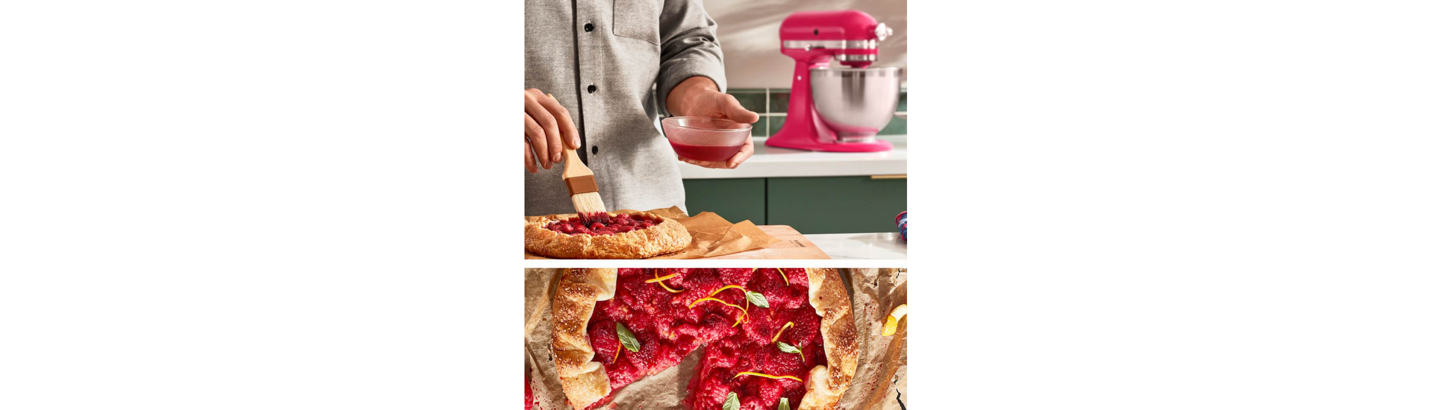  A man brushing a Hibiscus glaze over a galette with a Hibiscus stand mixer in the background and a top-down view of a vibrantly pink galette.