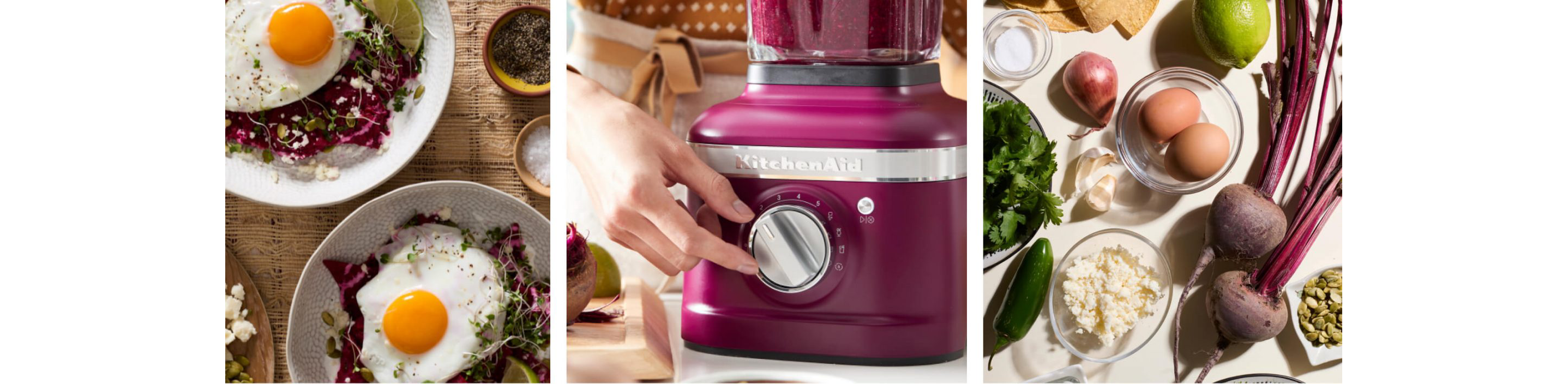 A series of images, including a top-down view of two egg-topped dishes. A close-up of the Beetroot blender, with a woman turning the dial. A series of colorful ingredients, including beets.