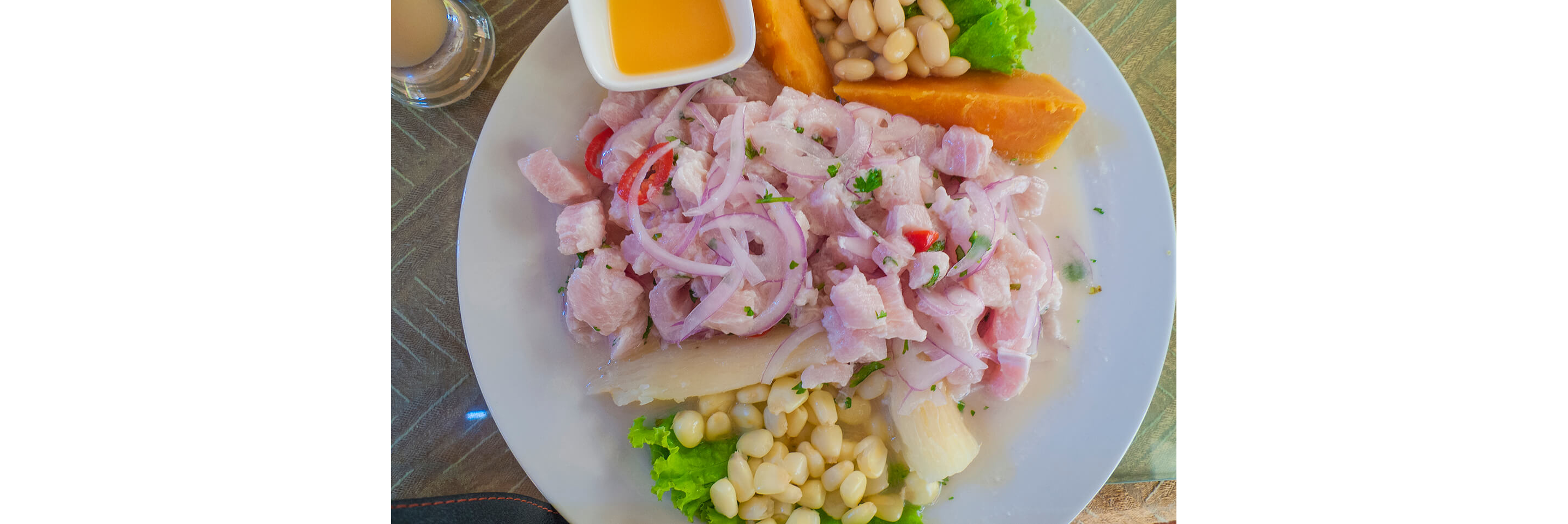 A plate filled with fresh ceviche topped with sliced red onions.