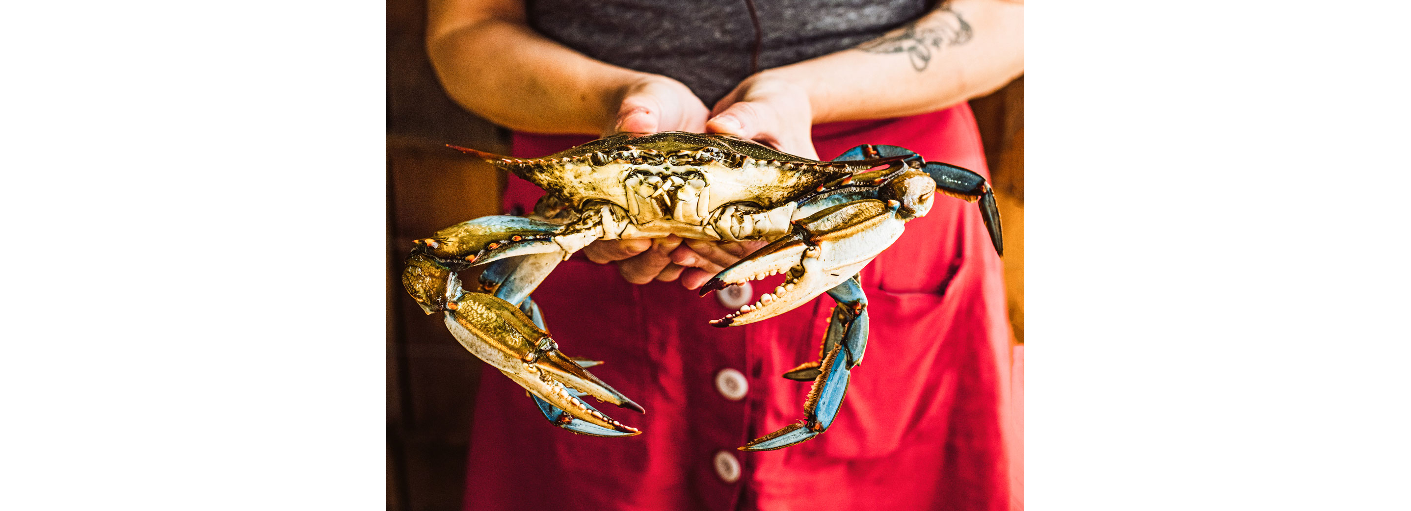 Chef Melissa Martin holding a large blue crab.