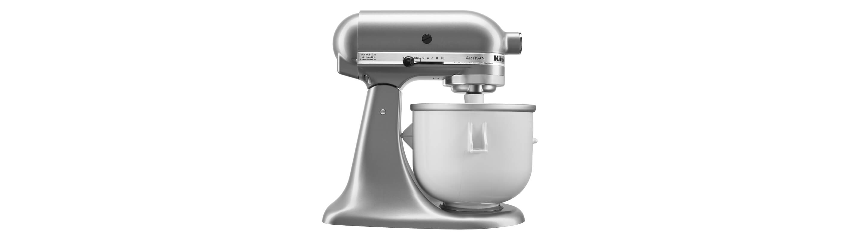 A silver KitchenAid® tilt-head stand mixer with Ice Cream Maker attachment.