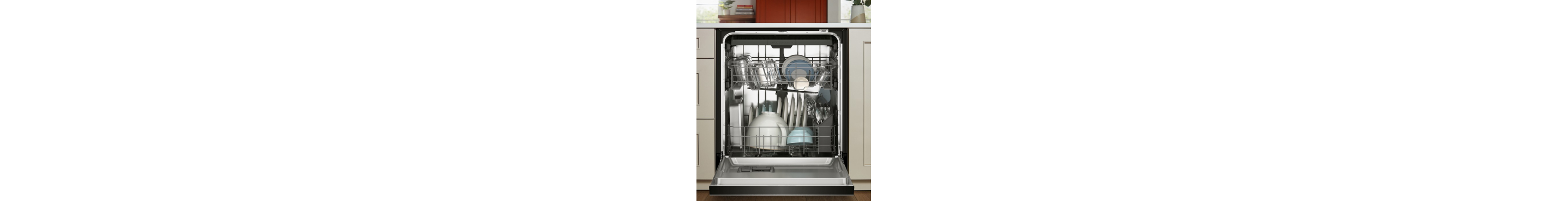An opened dishwasher with dishes inside