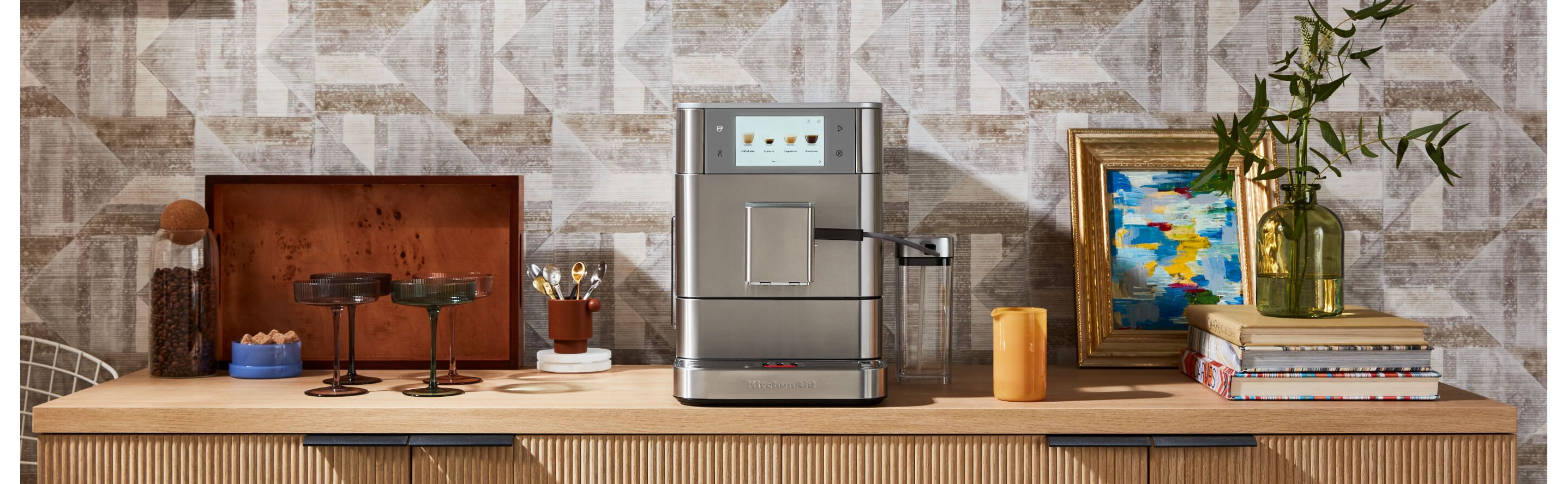 KitchenAid® fully-automatic espresso machine on a kitchen countertop