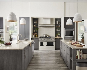 A spacious kitchen with two islands