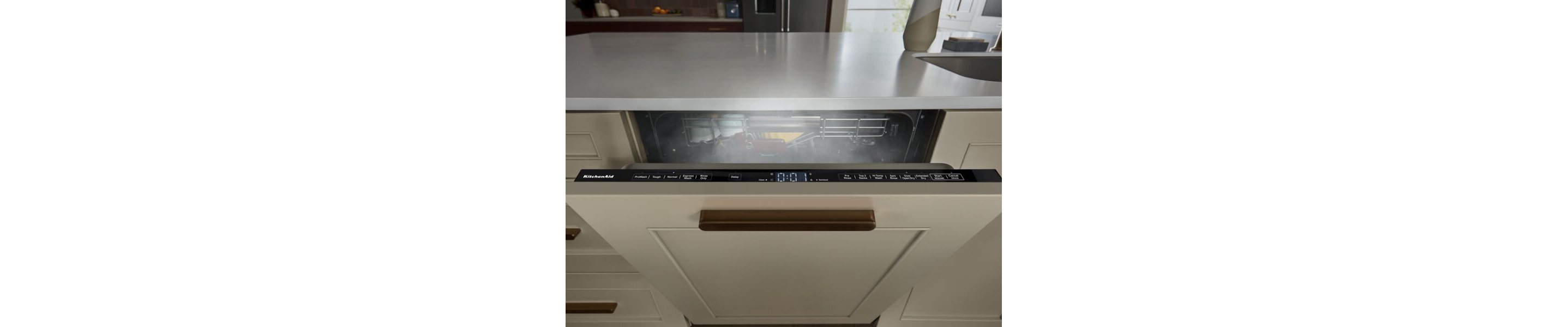Opened panel-ready dishwasher air drying dishes