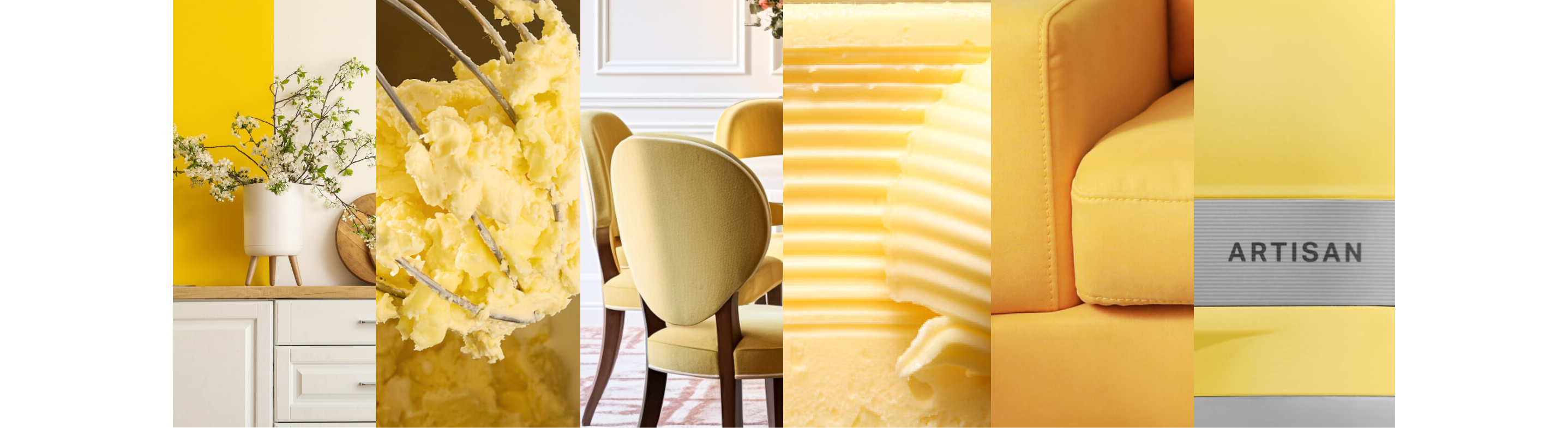 A series of images showcasing butter and butter yellows in various forms.