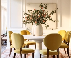 A flower arrangement on a dining room table with pale yellow upholstered dining chairs