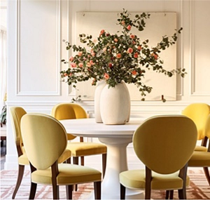 A flower arrangement on a dining room table with pale yellow upholstered dining chairs