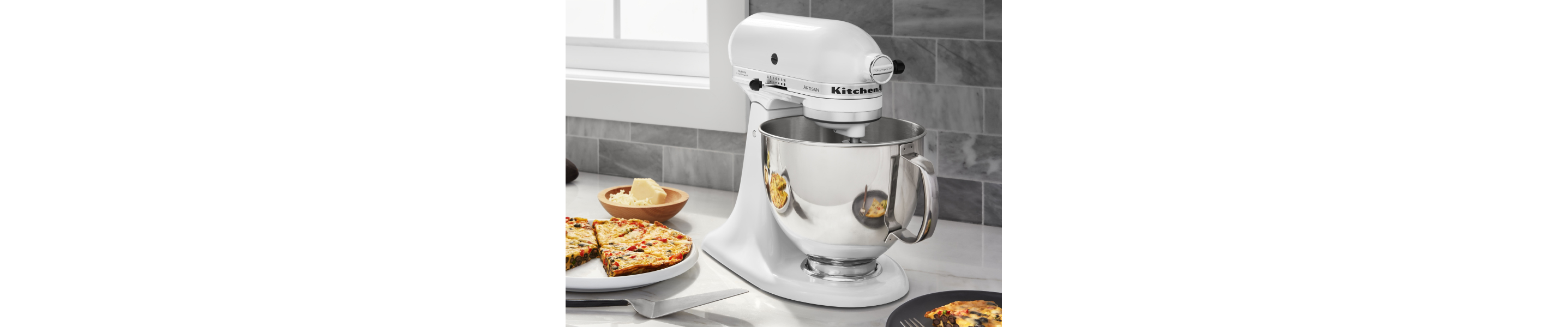 KitchenAid® stand mixer on countertop with frittata