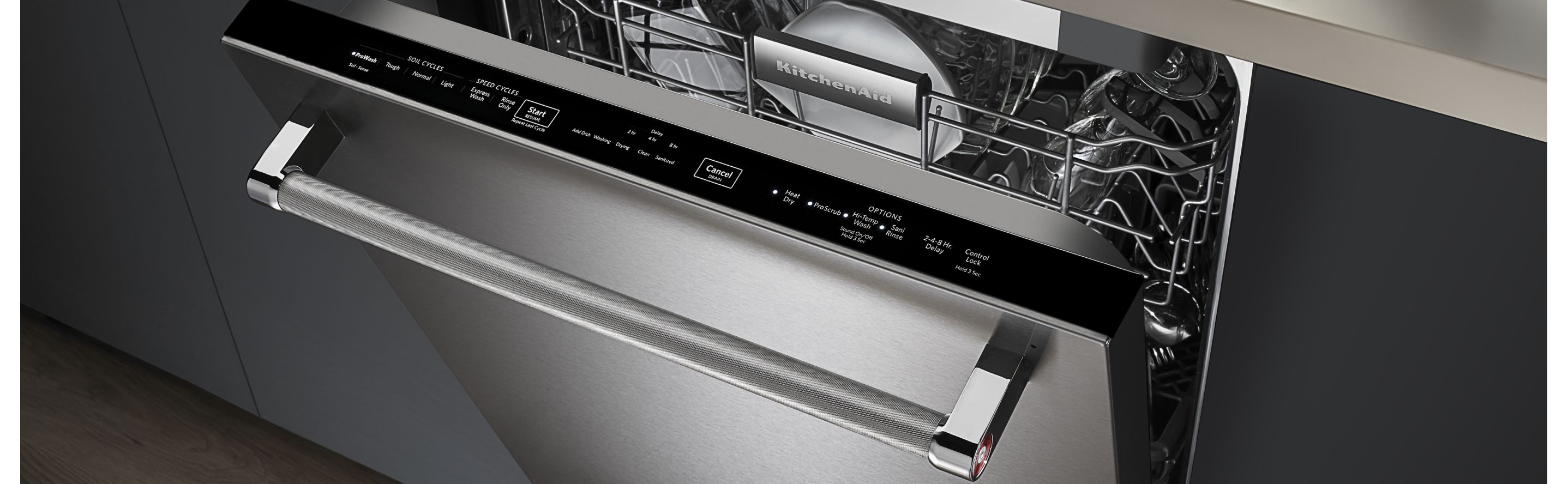KitchenAid® dishwasher with door slightly ajar
