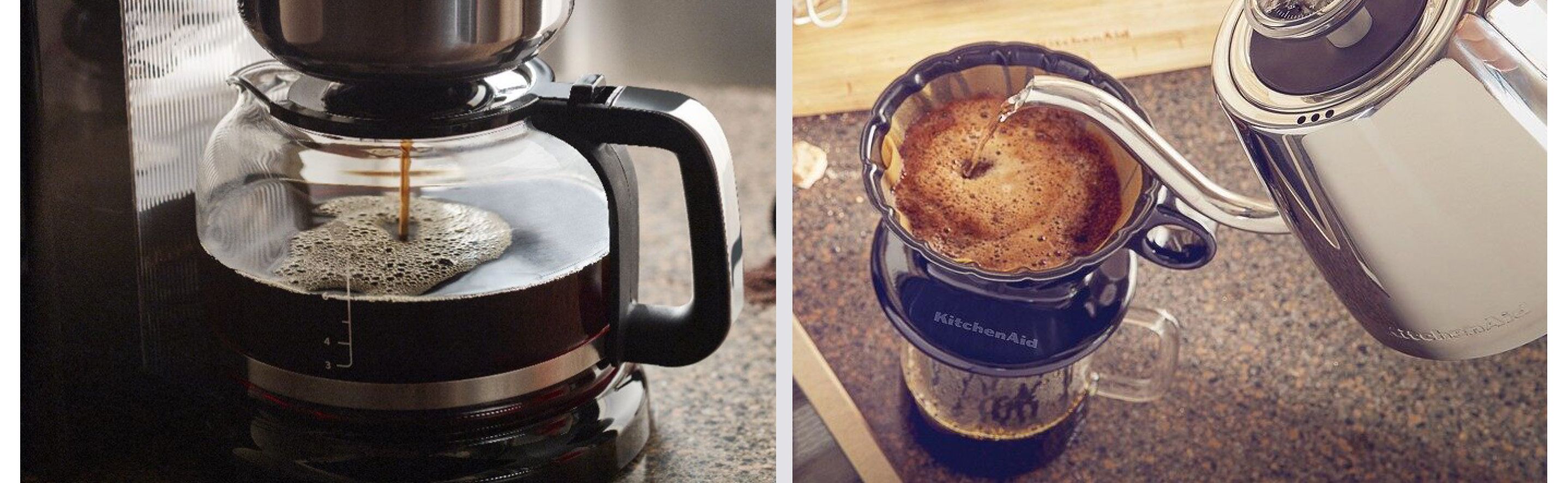 Auto drip coffee maker next to pour over coffee being made with a gooseneck kettle