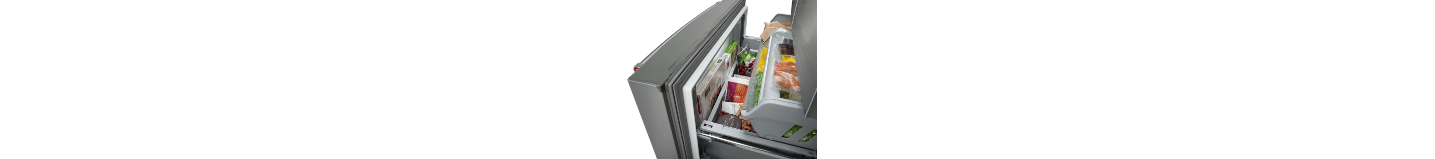 Open bottom freezer door stocked with food