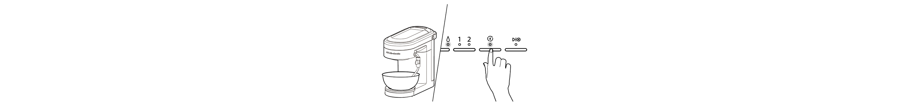 Espresso machine with bowl under group head, finger pressing clean cycle button