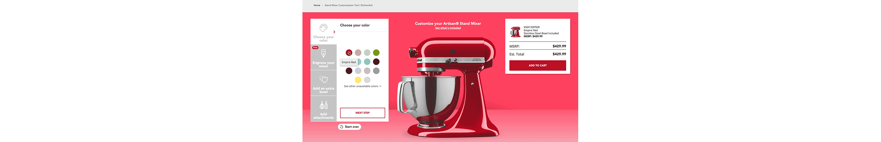 Gif of the KitchenAid customization tool color selection