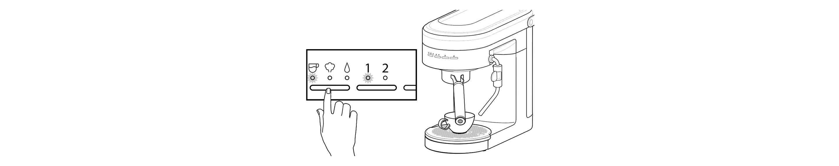 Illustration of hand pushing brew button to pull a shot of espresso