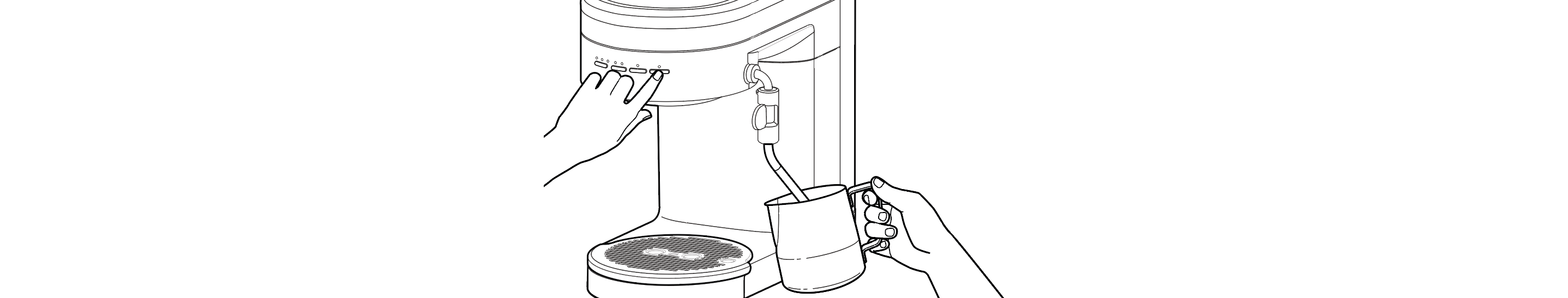 Hand holding pitcher of milk up to espresso machine steam wand