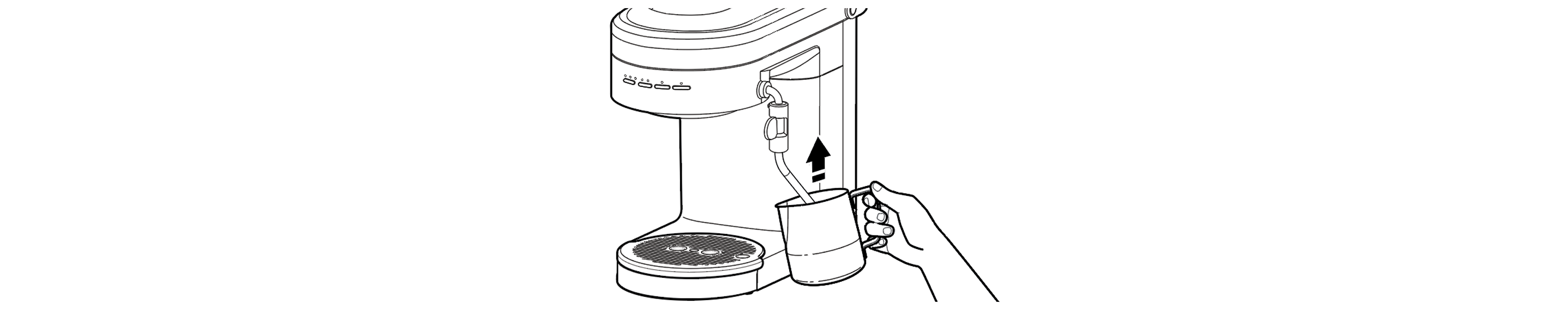 Illustration of hand inserting steam wand into milk pitcher