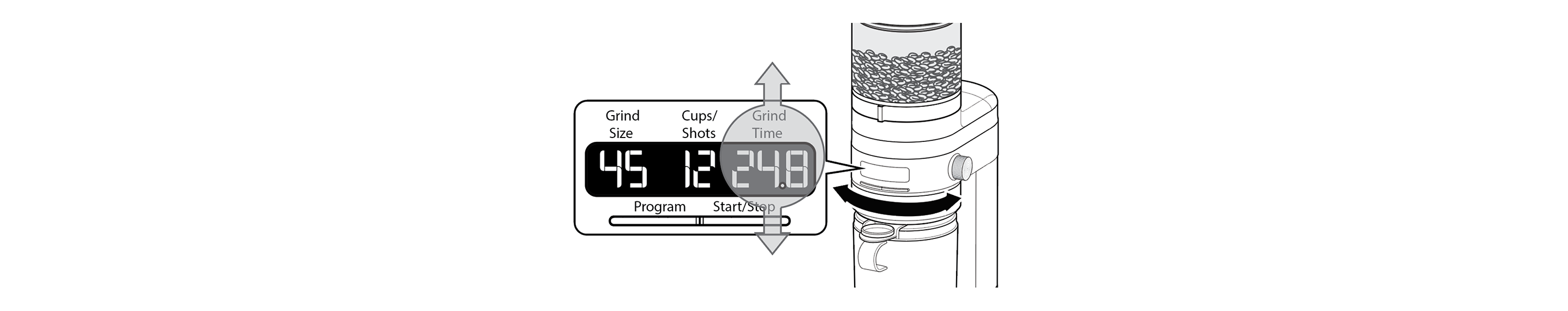 Illustration of beans in grinder and closeup of settings