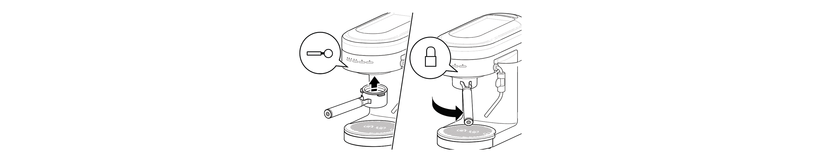 Illustration of espresso machine portafilter lock icons