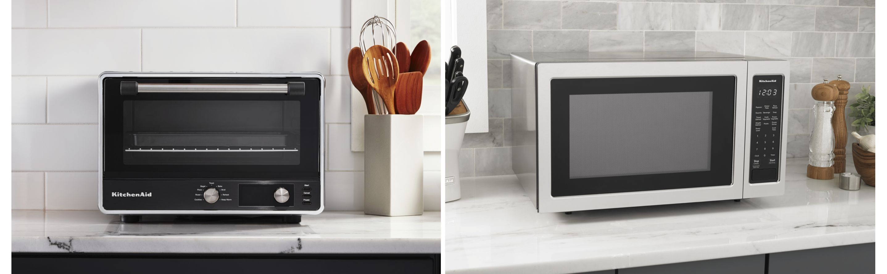 Side-by-side comparison of a black countertop oven and stainless steel countertop microwave