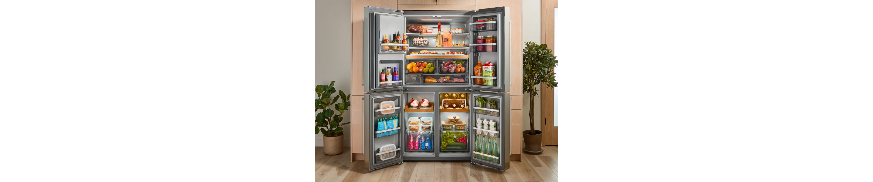 A KitchenAid® four door refrigerator with all compartments fully stocked and opened