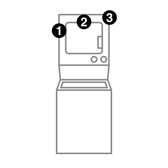 A washer dryer combo with numbers indicating model number placement